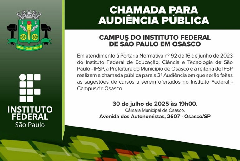 Convocação para 1ª Audiência Pública para a Apresentação de Sugestões de Cursos a serem ofertados no Instituto Federal – Campus Osasco
