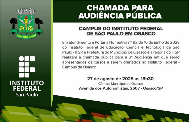 Convocação para 3ª Audiência Pública para a Apresentação de Sugestões de Cursos a serem ofertados no Instituto Federal – Campus Osasco