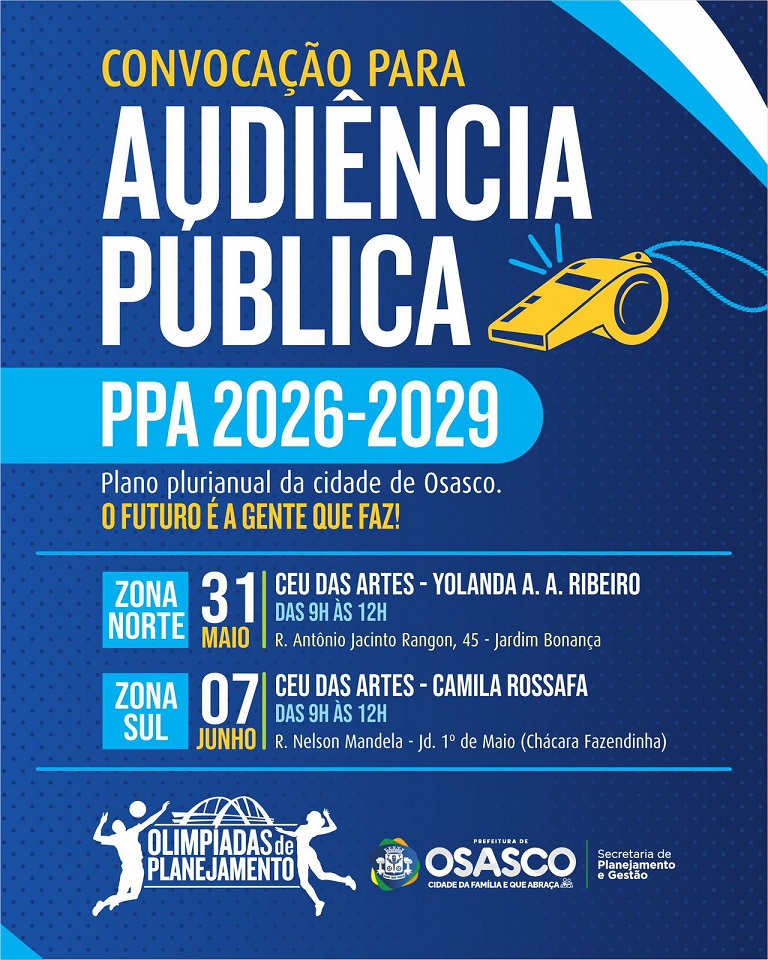Convocação da Audiência Pública PPA 2026-2029 Notícia sobre a convocação da Audiência Pública PPA 2026-2029 no dia 31 de maio e 7 de junho