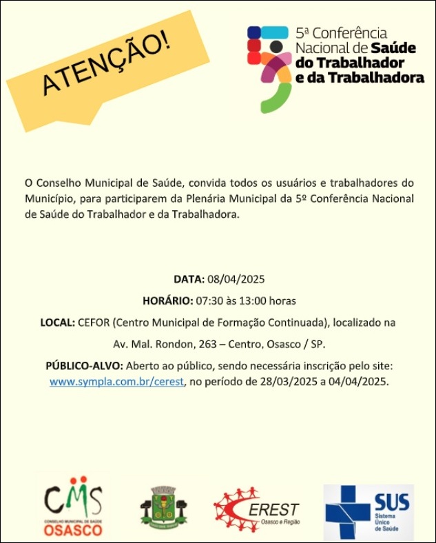 5ª Conferência Nacional de Saúde do Trabalhador e da Trabalhadora acontecerá no dia 8 de abril Notícia sobre a 5ª Conferência Nacional de Saúde do Trabalhador e da Trabalhadora que acontecerá no dia 8 de abril
